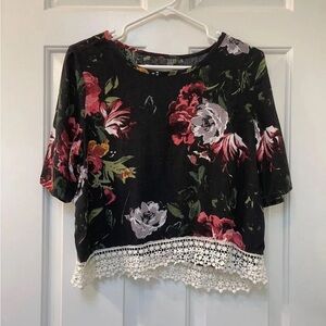 Abercrombie & Fitch Black Floral Blouse with Crochet Hem
